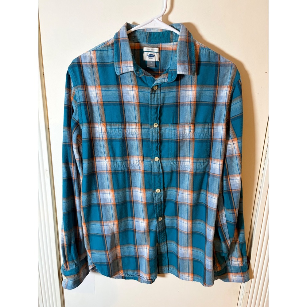 Old Navy Mens Slim Fit Flannel Shirt Teal Blue Orange Plaid Button Down Medium